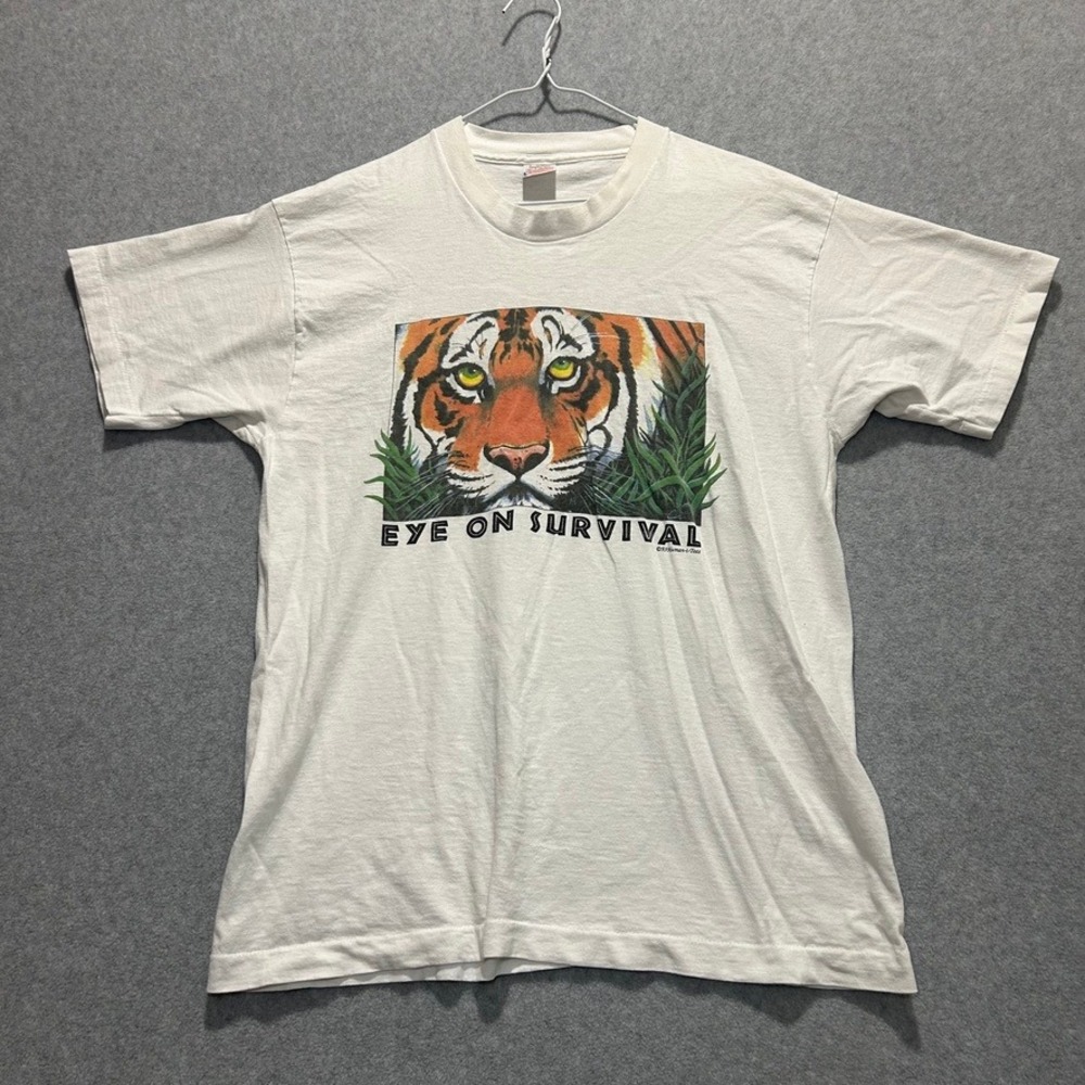 Vintage Men's Cream White Eye On Survival Tiger Shirt, Size L
